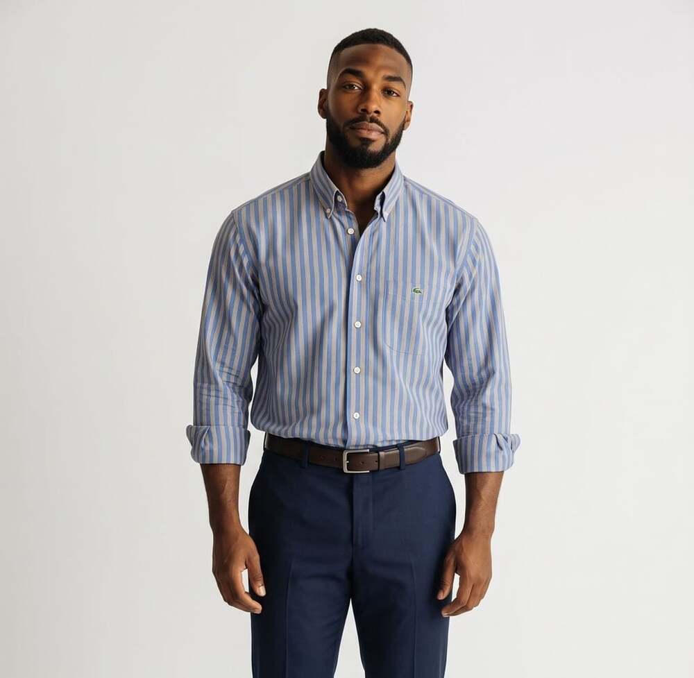 Lacoste Button Down Shirt Size L Blue Striped Long Sleeve Pocket